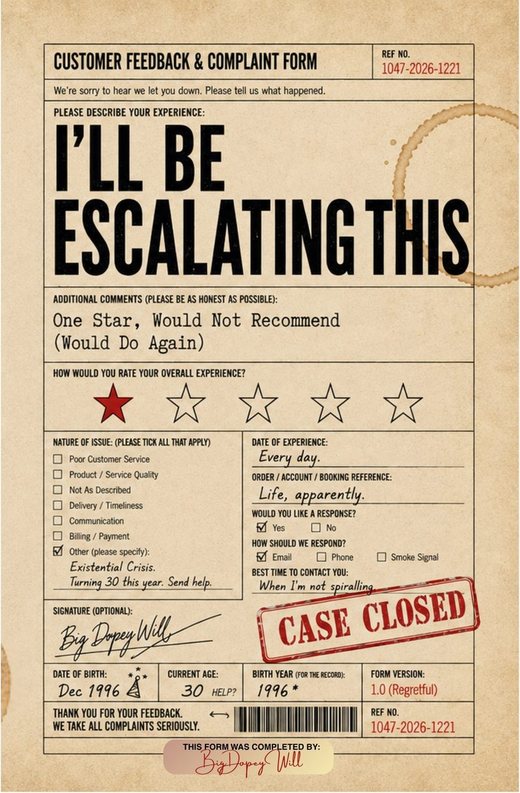 Cover of I'll Be Escalating This by Will Young, styled as a customer feedback and complaint form